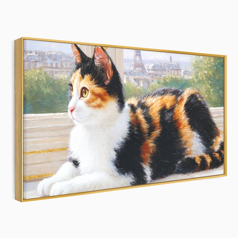 Tablou canvas cu pictura cu pisica calico si turnul eiffel, in rama de aluminiu auriu